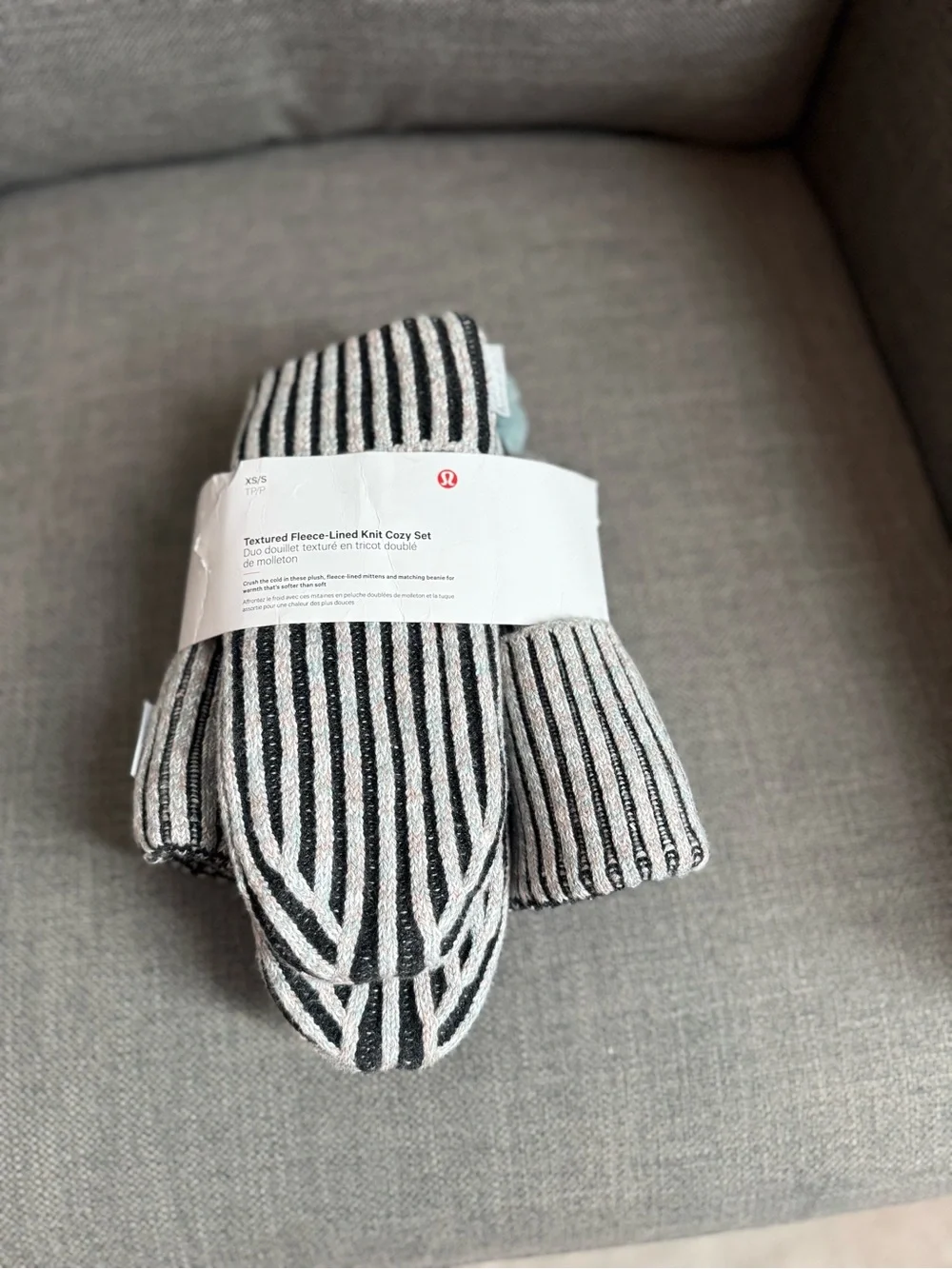 lululemon athletica Striped Cozy Fleece-Lined  mittens and beanie- Black & White
